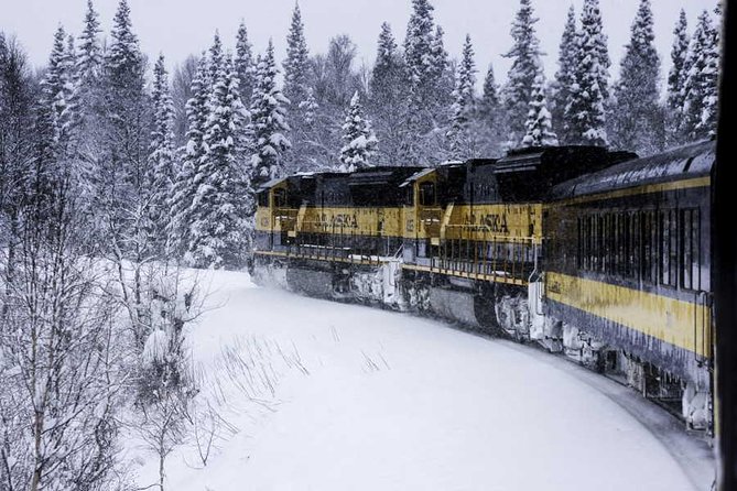 Alaska Railroad Aurora Winter Anchorage to Fairbanks One Way - The Knik River and the approach to Talkeetna