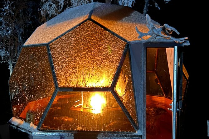 PRIVATE Party dinner in a Glass Igloo Under Northern Lights - Arriving at the glass igloo by the frozen lake